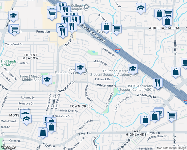 map of restaurants, bars, coffee shops, grocery stores, and more near 9529 Fallbrook Drive in Dallas