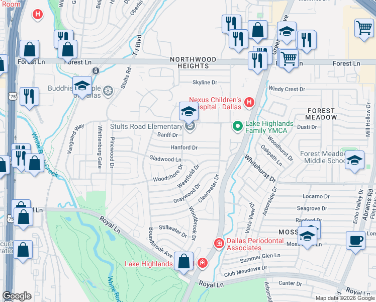 map of restaurants, bars, coffee shops, grocery stores, and more near 8635 Gladwood Lane in Dallas