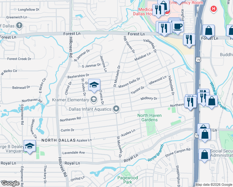 map of restaurants, bars, coffee shops, grocery stores, and more near 7318 Yamini Drive in Dallas