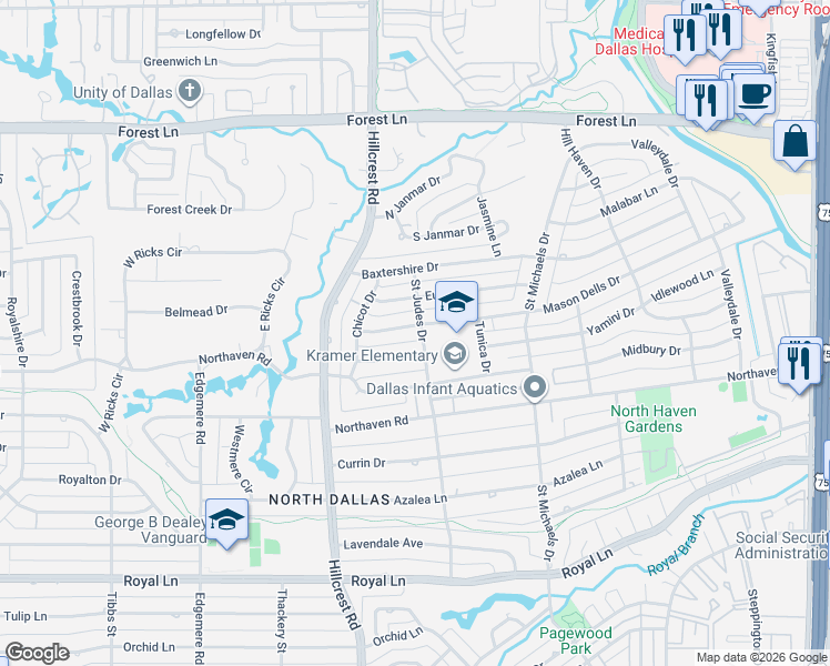 map of restaurants, bars, coffee shops, grocery stores, and more near 7049 Yamini Drive in Dallas