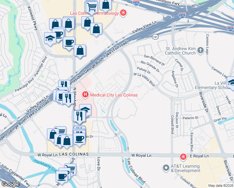map of restaurants, bars, coffee shops, grocery stores, and more near 6863 Verandah Way in Irving