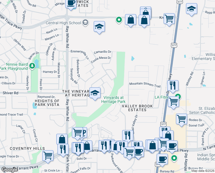 map of restaurants, bars, coffee shops, grocery stores, and more near 5524 Scotts Valley Street in Fort Worth