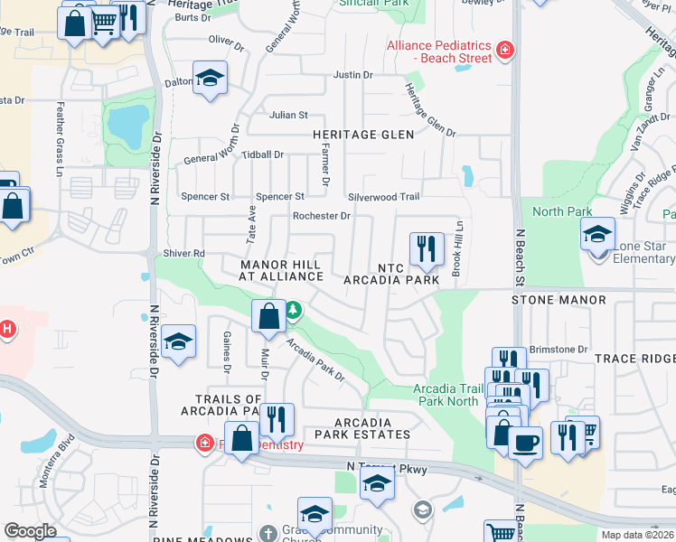 map of restaurants, bars, coffee shops, grocery stores, and more near 9000 Heartwood Drive in Fort Worth