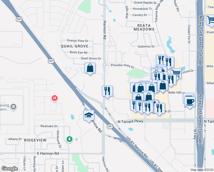 map of restaurants, bars, coffee shops, grocery stores, and more near 2099 Sonoma Creek Lane in Fort Worth