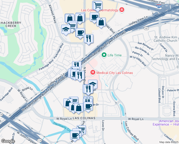 map of restaurants, bars, coffee shops, grocery stores, and more near 7200 State Highway 161 in Irving