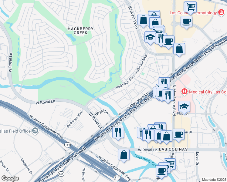 map of restaurants, bars, coffee shops, grocery stores, and more near 6908 Parkridge Boulevard in Irving