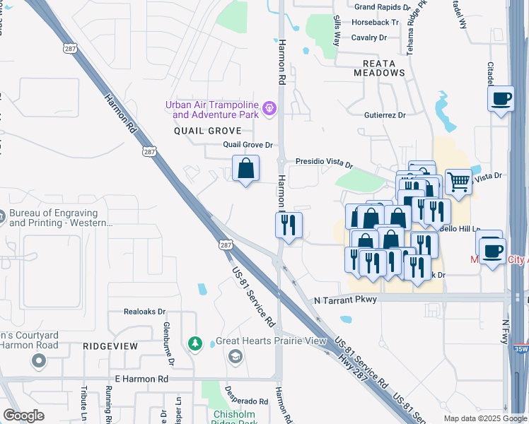 map of restaurants, bars, coffee shops, grocery stores, and more near 8701 Harmon Road in Fort Worth