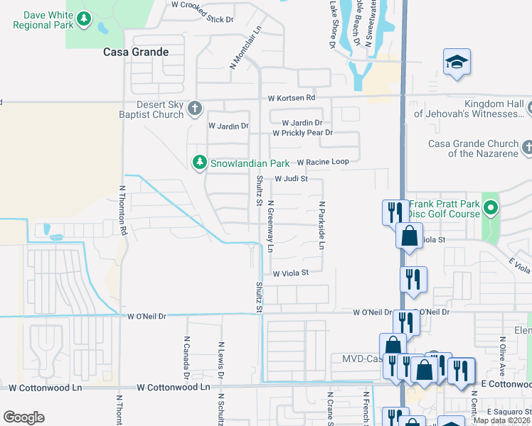 map of restaurants, bars, coffee shops, grocery stores, and more near 672 West Barrus Street in Casa Grande