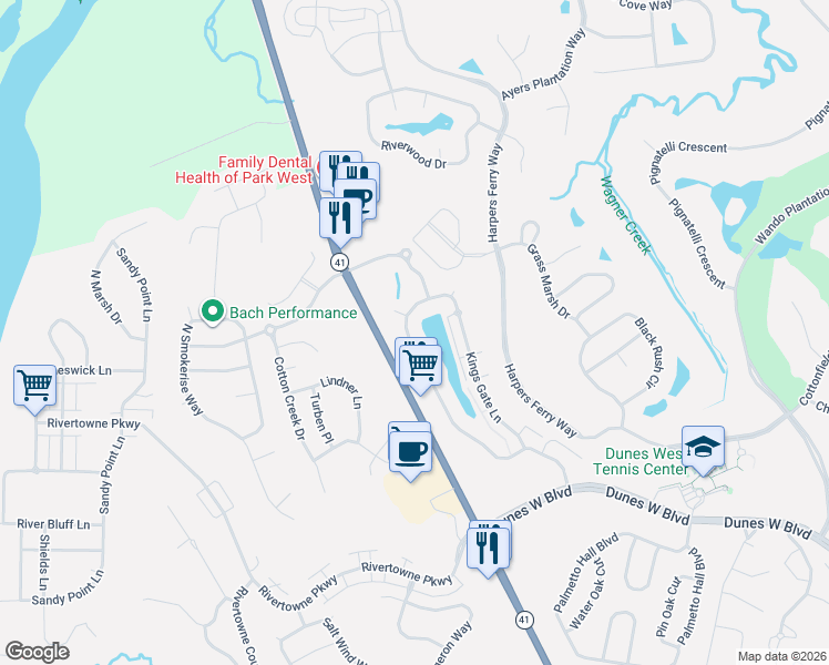 map of restaurants, bars, coffee shops, grocery stores, and more near 2233 Kings Gate Lane in Mount Pleasant