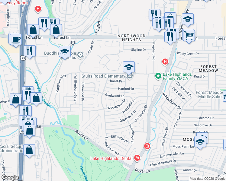 map of restaurants, bars, coffee shops, grocery stores, and more near 8537 Gladwood Lane in Dallas