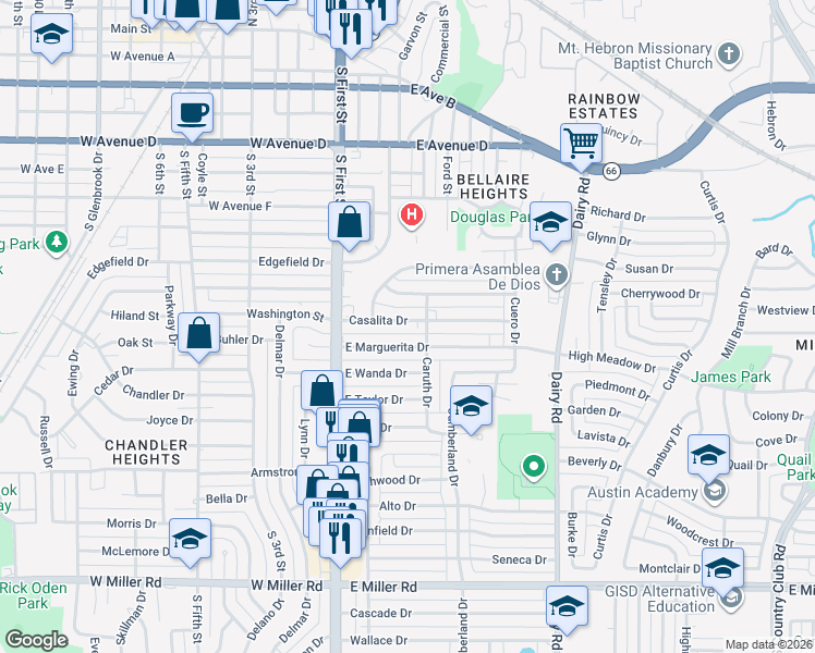 map of restaurants, bars, coffee shops, grocery stores, and more near 152 Casalita Drive in Garland