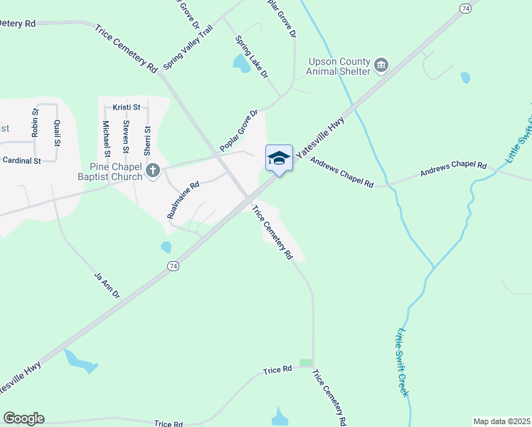map of restaurants, bars, coffee shops, grocery stores, and more near 733 Trice Cemetery Road in Thomaston