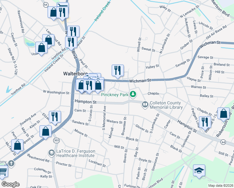 map of restaurants, bars, coffee shops, grocery stores, and more near 116 Neyle Street in Walterboro