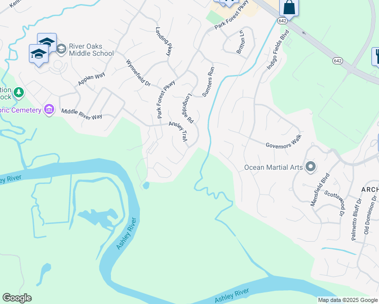 map of restaurants, bars, coffee shops, grocery stores, and more near 8282 Longridge Road in Charleston