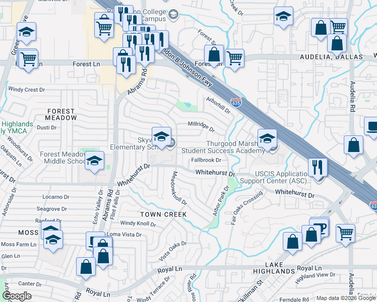map of restaurants, bars, coffee shops, grocery stores, and more near 9529 Fallbrook Drive in Dallas
