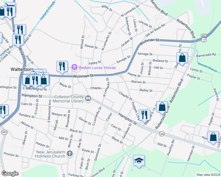 map of restaurants, bars, coffee shops, grocery stores, and more near 306 Chaplin Street in Walterboro
