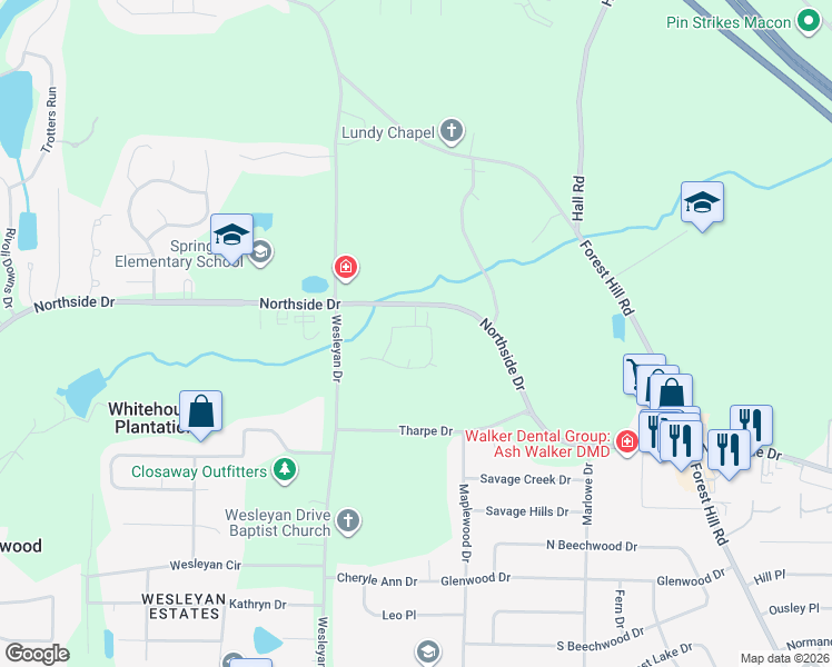 map of restaurants, bars, coffee shops, grocery stores, and more near 216 North Wesleyan Circle in Macon