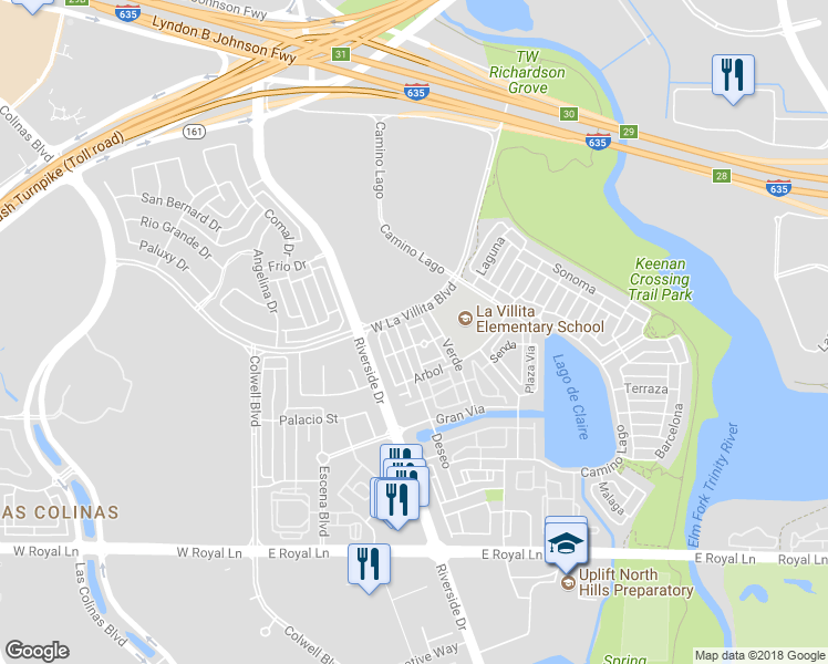 map of restaurants, bars, coffee shops, grocery stores, and more near 423 Fuente in Irving