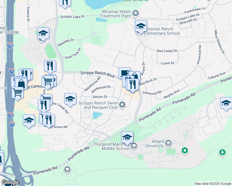 map of restaurants, bars, coffee shops, grocery stores, and more near 9885 Wild Grape Drive in San Diego