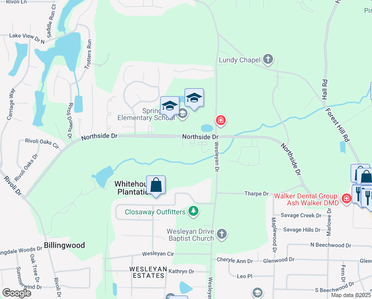 map of restaurants, bars, coffee shops, grocery stores, and more near 207 Springdale Court in Macon