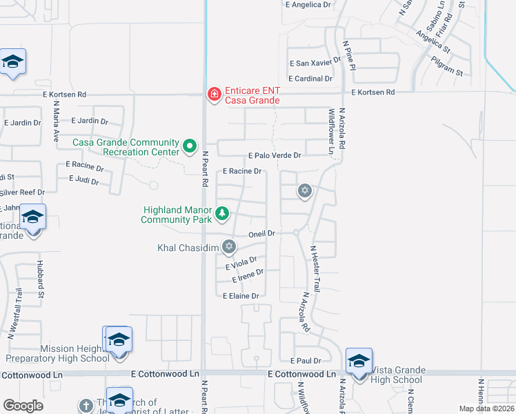 map of restaurants, bars, coffee shops, grocery stores, and more near 1826 North Desert Willow Street in Casa Grande