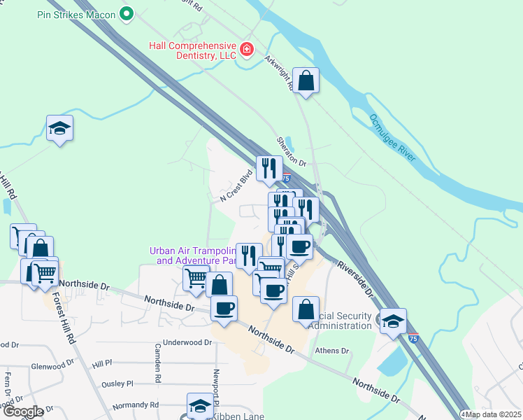 map of restaurants, bars, coffee shops, grocery stores, and more near 111 Riverside Parkway in Macon