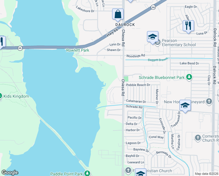 map of restaurants, bars, coffee shops, grocery stores, and more near 4509 Chiesa Road in Rowlett