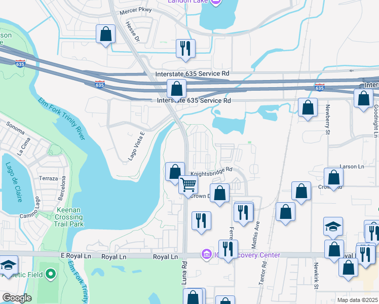 map of restaurants, bars, coffee shops, grocery stores, and more near 11699 Luna Road in Farmers Branch