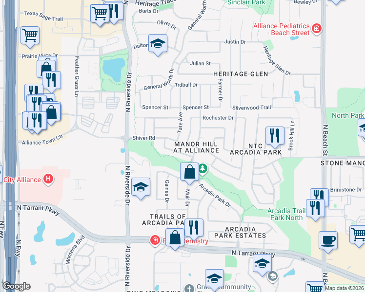 map of restaurants, bars, coffee shops, grocery stores, and more near 3821 Sevenoaks Drive in Fort Worth