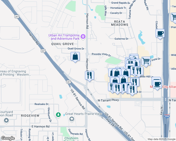 map of restaurants, bars, coffee shops, grocery stores, and more near 8701 Harmon Road in Fort Worth