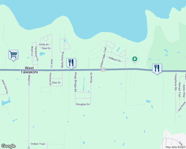 map of restaurants, bars, coffee shops, grocery stores, and more near 113 Dover Drive in West Tawakoni