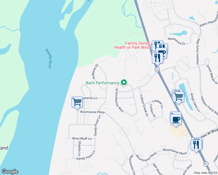 map of restaurants, bars, coffee shops, grocery stores, and more near 2290 Sandy Point Lane in Mount Pleasant