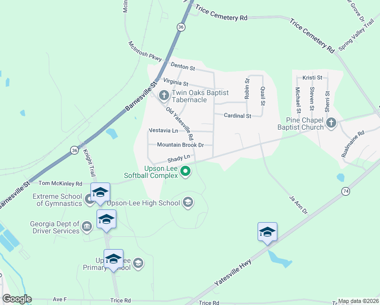 map of restaurants, bars, coffee shops, grocery stores, and more near 1334 Old Yatesville Road in Thomaston