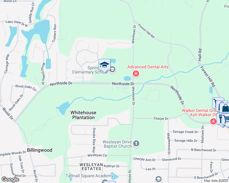 map of restaurants, bars, coffee shops, grocery stores, and more near 185 Springdale Court in Macon