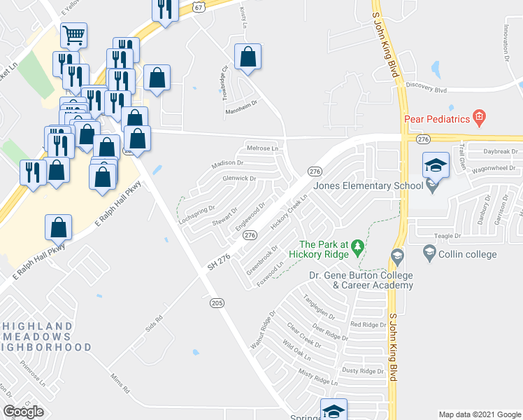 map of restaurants, bars, coffee shops, grocery stores, and more near 1537 Englewood Drive in Rockwall