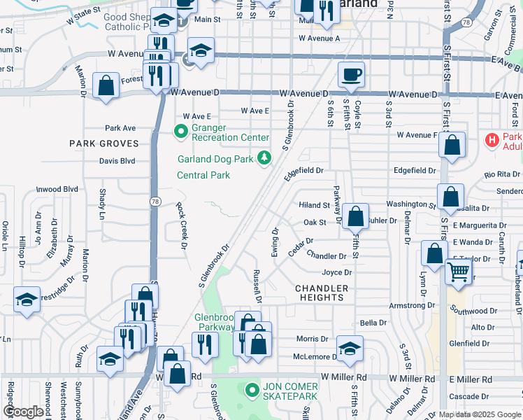 map of restaurants, bars, coffee shops, grocery stores, and more near 1108 Edgefield Drive in Garland
