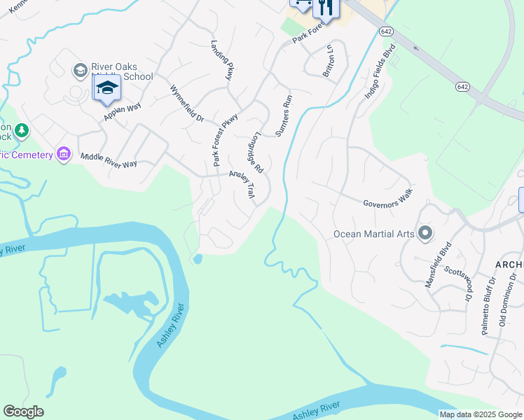 map of restaurants, bars, coffee shops, grocery stores, and more near 8282 Longridge Road in Charleston
