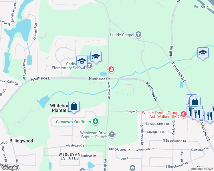map of restaurants, bars, coffee shops, grocery stores, and more near 1159 Wesleyan Drive in Macon