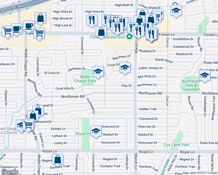 map of restaurants, bars, coffee shops, grocery stores, and more near 3529 Northaven Road in Dallas