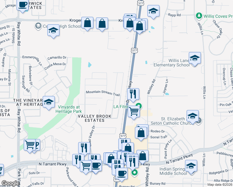 map of restaurants, bars, coffee shops, grocery stores, and more near 8940 Sun Haven Way in Fort Worth