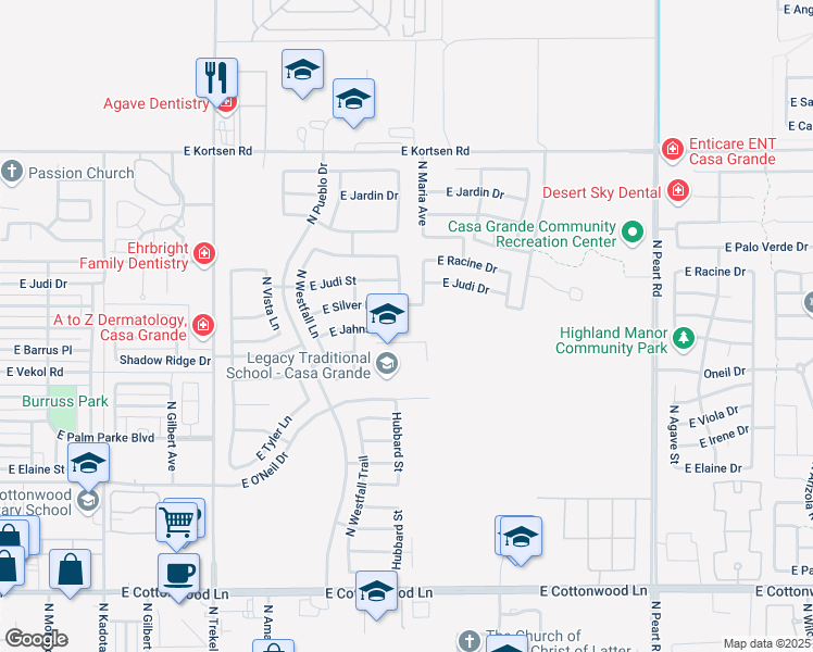 map of restaurants, bars, coffee shops, grocery stores, and more near 1828 North Hubbard Lane in Casa Grande