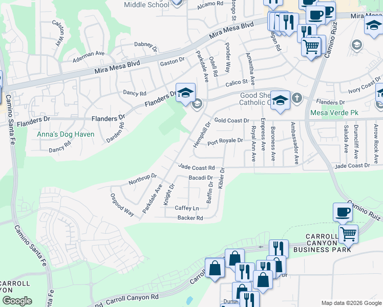 map of restaurants, bars, coffee shops, grocery stores, and more near 10161 Hendricks Court in San Diego