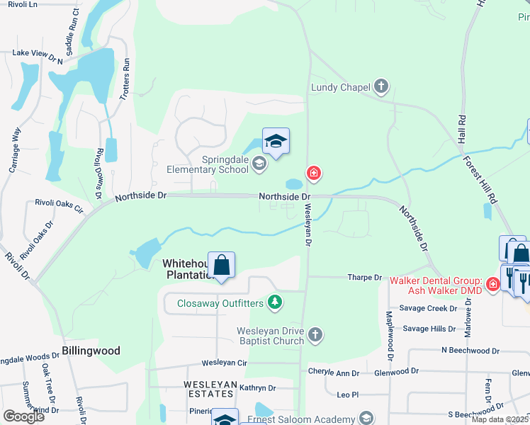 map of restaurants, bars, coffee shops, grocery stores, and more near 207 Springdale Court in Macon