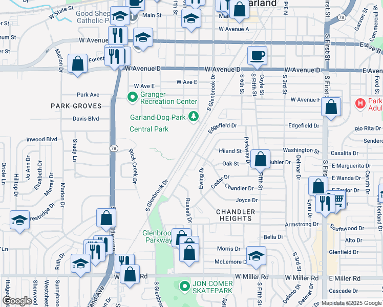 map of restaurants, bars, coffee shops, grocery stores, and more near 1108 Edgefield Drive in Garland
