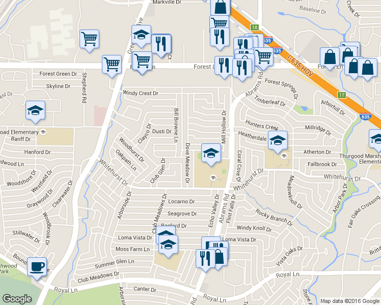 map of restaurants, bars, coffee shops, grocery stores, and more near 9238 Dove Meadow Drive in Dallas