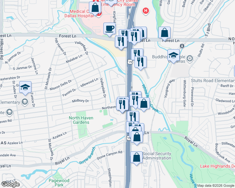 map of restaurants, bars, coffee shops, grocery stores, and more near 11231 Park Central Place in Dallas
