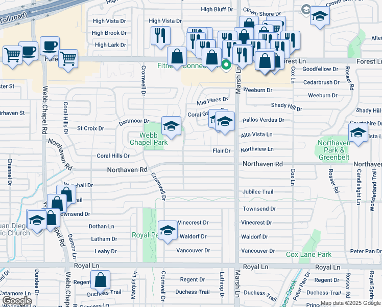 map of restaurants, bars, coffee shops, grocery stores, and more near 3529 Northaven Road in Dallas