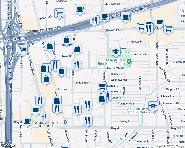 map of restaurants, bars, coffee shops, grocery stores, and more near 11242 Indian Trail in Dallas