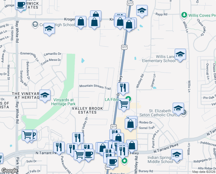 map of restaurants, bars, coffee shops, grocery stores, and more near 8940 Sun Haven Way in Fort Worth