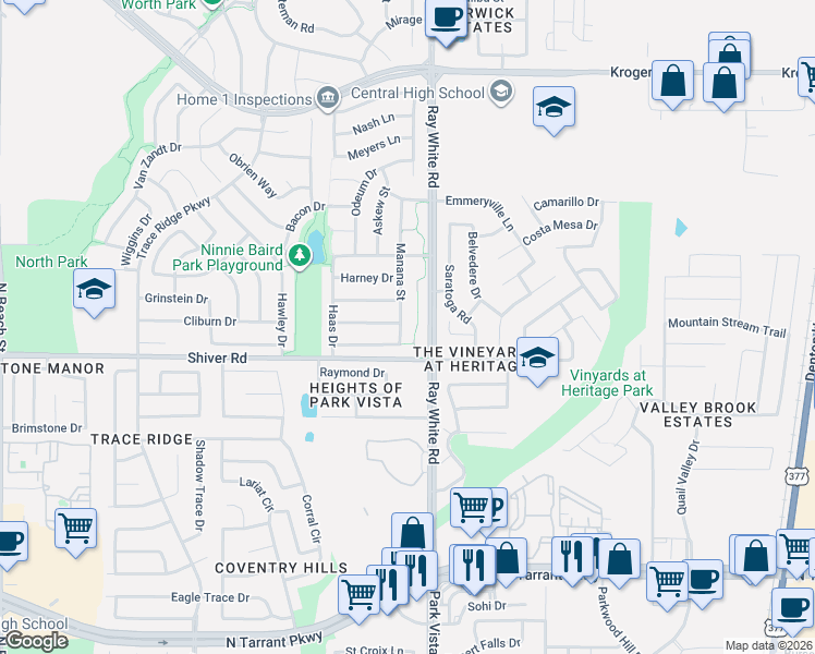 map of restaurants, bars, coffee shops, grocery stores, and more near 8912 Manana Street in Fort Worth